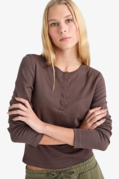 DeFacto Μακρυμάνικο μπλουζάκι με κουμπιά με γιακά με ραβδώσεις E7680AX25SP