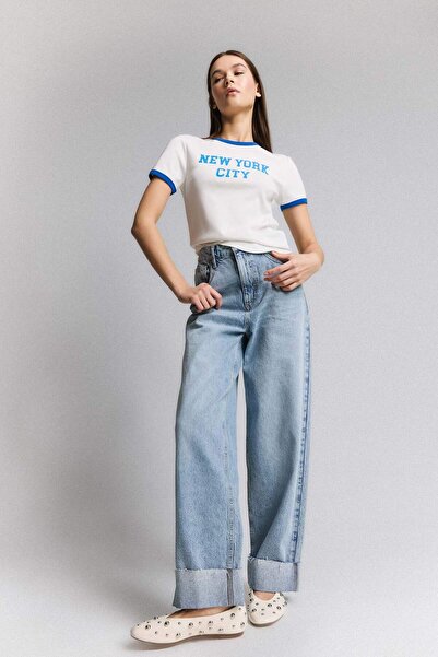 DeFacto Tricou cu mânecă scurtă cu nervuri, cu decolteu rotund, cu imprimeu E7010AX25SP