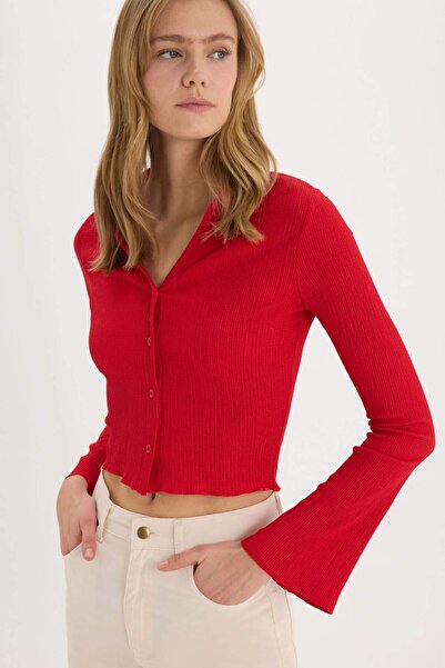 DeFacto Coool Fitted Basic Düz Bürümcük Uzun Kollu Crop Gömlek A0012AX25SP