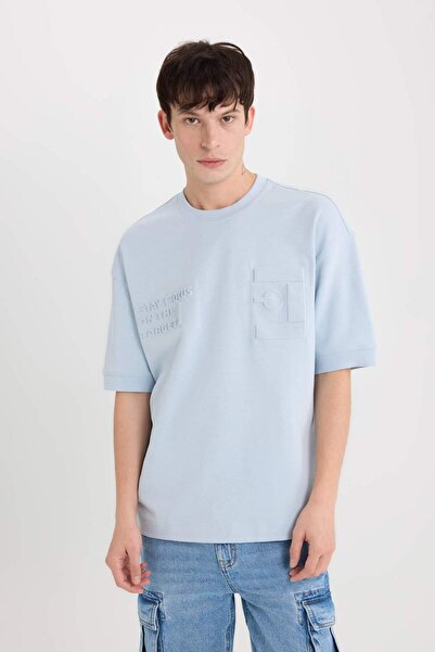 DeFacto Voľný strih Tričko s krátkym rukávom a výstrihom z ťažkej tkaniny D5557AX25SP