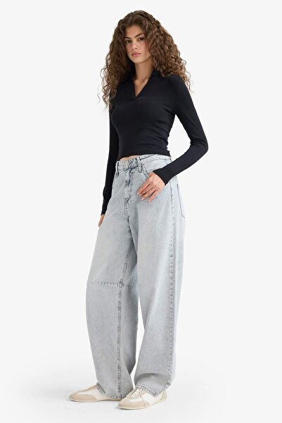 DeFacto Μαύρο μπλουζάκι με μακρύ μανίκι με λαιμόκοψη πόλο E7938AX25SP