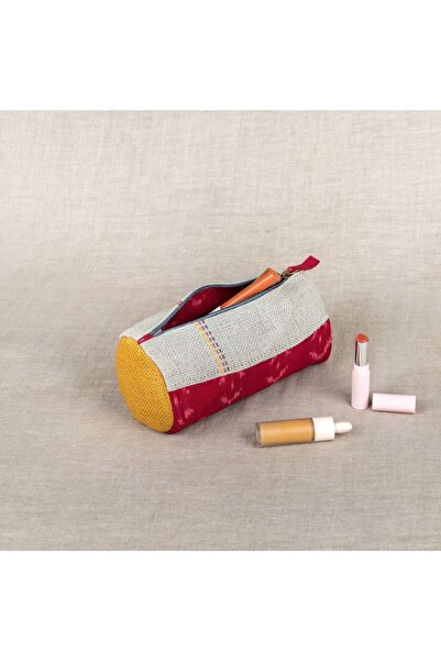 Ohrna Artisan Hand-Embroidered GOL Zipper Pouch Sustainable Jute Gray Red