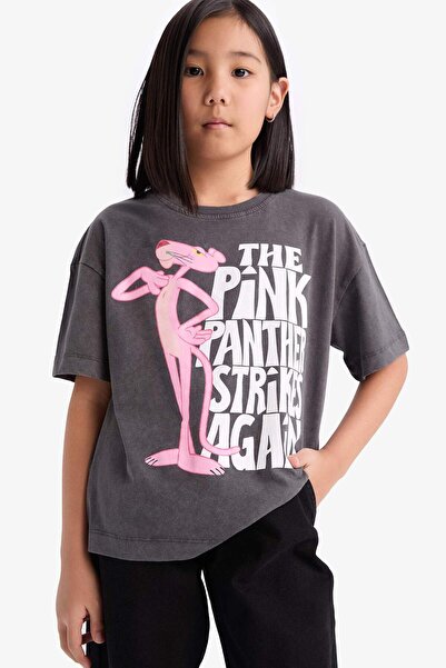 DeFacto Dívčí růžové tričko Panther Oversize Wide Fit Crew Neck s krátkým rukávem