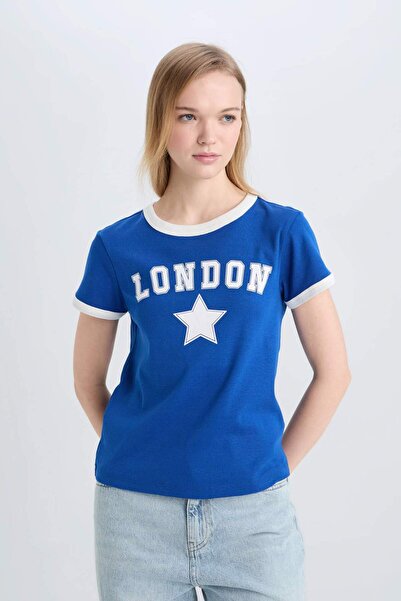 DeFacto Μπλουζάκι με ριμπ στάμπα με λαιμόκοψη - κοντό μανίκι, κανονική εφαρμογή E0676AX25SM