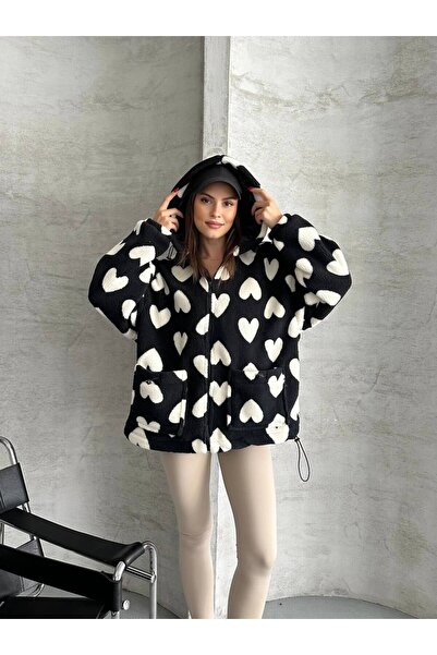ZF BUTİK Kalp Desenli Kapüşonlu Mont