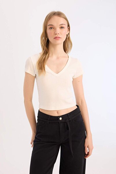 DeFacto Λευκό μπλουζάκι με κοντό μανίκι με λαιμόκοψη σε σχήμα V E0290AX25SM