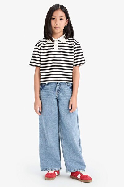 DeFacto Girls' Relax Fit Polo Neck Striped Short Sleeve T-Shirt E0064A825Sm