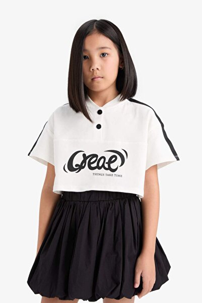 DeFacto Girls Crop Crew Neck Button Printed Short Sleeve T-Shirt E1881A825Sm