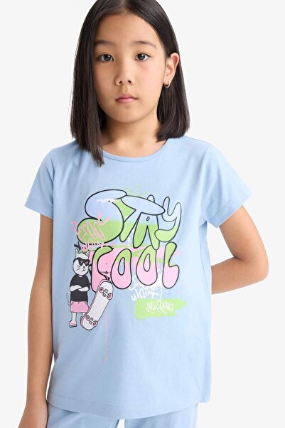 DeFacto Kız Çocuk Pijama Takımı Kısa Kollu Baskılı Üst Beli Lastikli Uzun Alt E0539A825SM