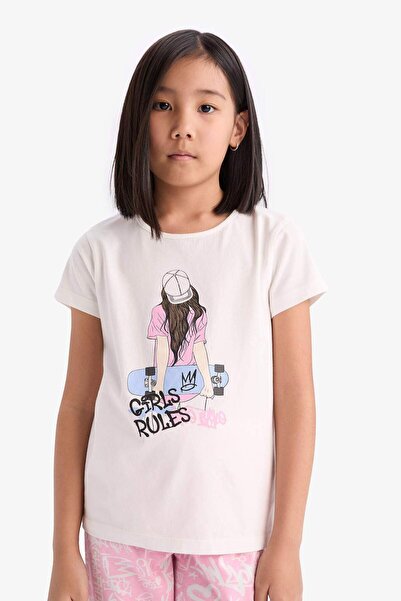 DeFacto Kız Çocuk Pijama Takımı Bisiklet Yaka Baskılı Kısa Kollu Üst Uzun Alt E0540A825SM