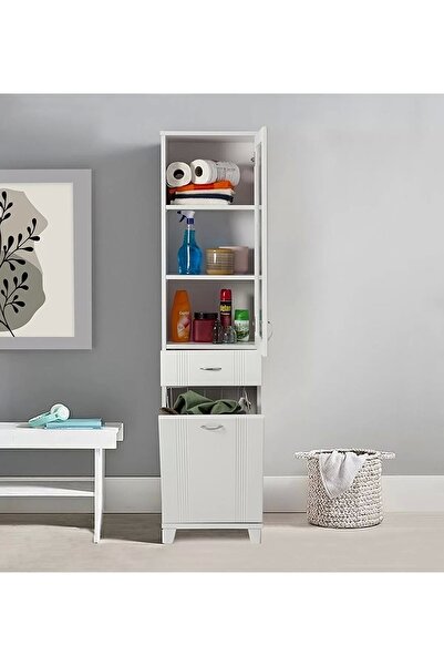 Evistro Banyo Ve Mutfak Dolabı Çamaşır Sepetli Pleksi Camlı Beyaz
