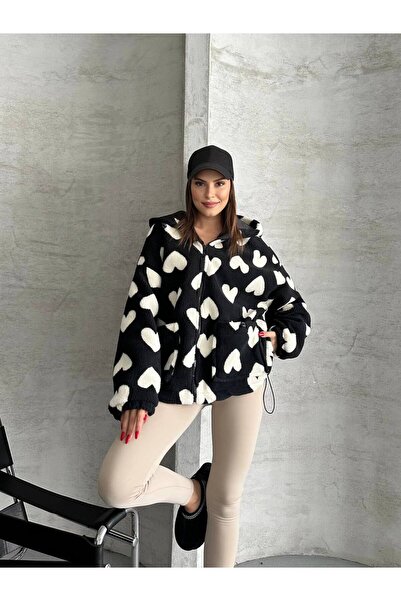 ZF BUTİK Kalp Desenli Kapüşonlu Mont