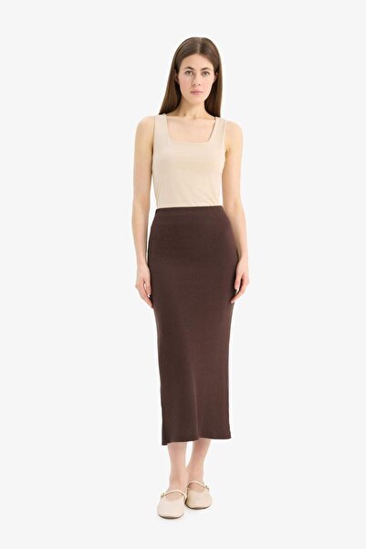 DeFacto High Waist Corduroy Basic Plain Maxi Coffee Skirt C4497Ax25Sp