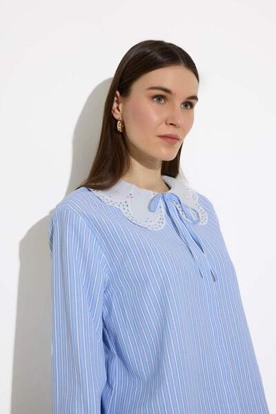 DeFacto Regular Fit Wide Collar Striped Poplin Long Sleeve Shirt Tunic E4354Ax25Sp