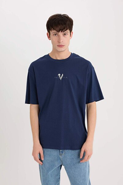 DeFacto 100% Cotton Vikings Valhalla Boxy Fit Crew Neck Back Printed Short Sleeve T-Shirt E0331Ax25Sp