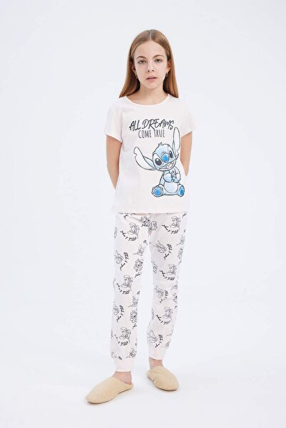 DeFacto Kız Çocuk Disney Lilo & Stitch Pijama Takımı Bisiklet Yaka Kısa Kollu Üst Uzun Alt E2224A825SM
