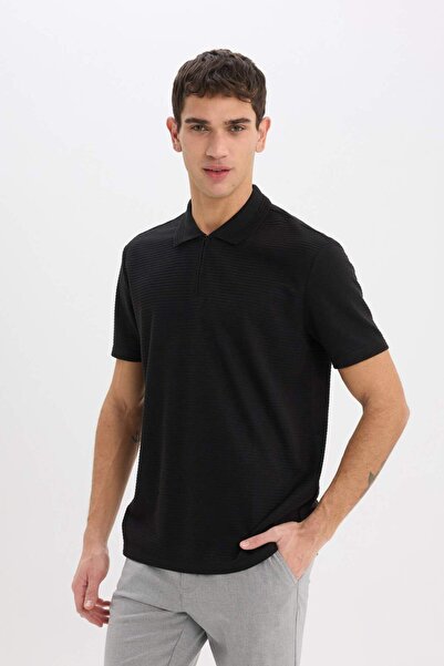 DeFacto Regular Fit Polo výstřih s polovičním zipem Krátký rukáv Černé tričko E4233AX25SM