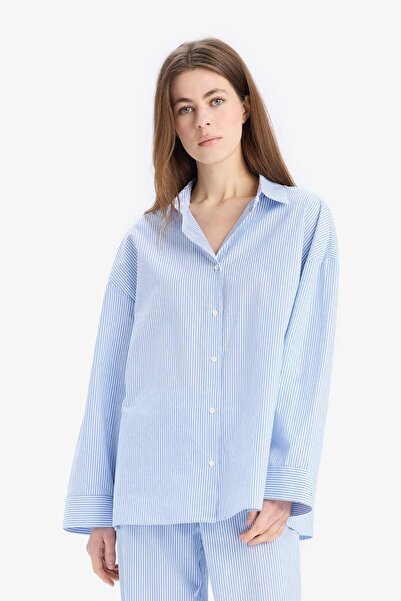 DeFacto Çizgili Pijama Yaka Poplin Pijama Üstü-Fall in Love E3113AX25SP