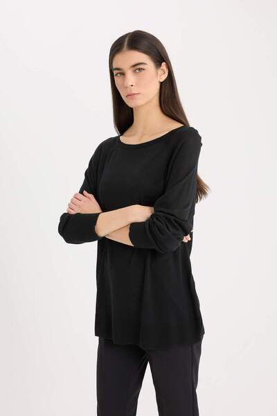 DeFacto Regular Fit Bisiklet Yaka Basic Düz Siyah Triko Kazak D6281AX25SP