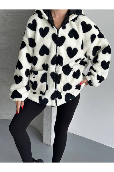ZF BUTİK Kalp Desenli Kapüşonlu Mont