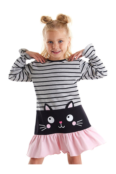 Denokids Dívčí šedé zimní šaty - černá kočka pruhovaná