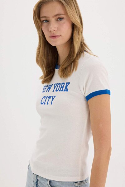 DeFacto Tricou cu mânecă scurtă cu nervuri, cu decolteu rotund, cu imprimeu E7010AX25SP