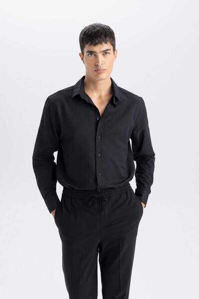 DeFacto Okula Dönüş Modern Fit Polo Yaka Dokulu Uzun Kollu Gömlek E0475AX24AU