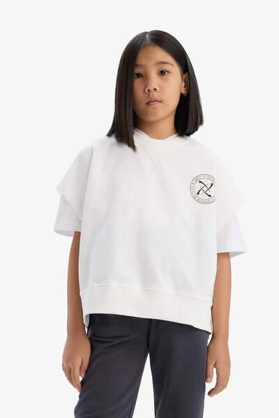 DeFacto Kız Çocuk Oversize Geniş Kalıp Bisiklet Yaka Kısa Kollu Baskılı Sweatshirt E1879A825SM