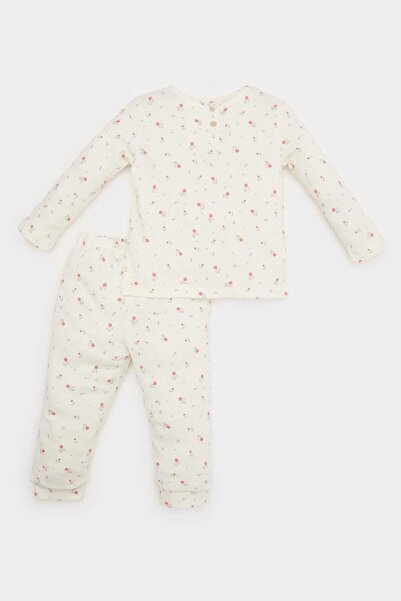 DeFacto Floral Print Waffle Pajamas Set for Baby Girl - Long Sleeve and Elastic Waist E0762A525Sp
