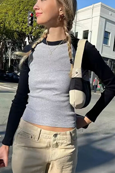 Köstebek Gray Melange Basic μακρυμάνικο Crop με μαύρα μανίκια Raglan