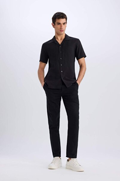 DeFacto %100 Pamuk Keten Görünümlü Pantolon Beli Lastikli Slim Fit Dar Kesim Cepli Düz Paça D2671AX25SM
