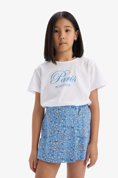 DeFacto Kız Çocuk 2'li Takım Baskılı Kısa Kollu Tişört Çiçekli Şort Etek E1259A825SM