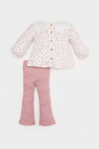 DeFacto Baby Girls 2-Piece Set Floral Flared Poplin Long Sleeve Shirt with Elastic Waist Bottom E5713A525Sp