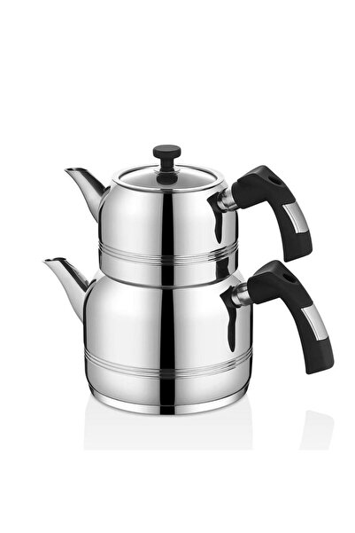 OMS 8090 - (XL) - 4 Pieces, Compatible with Induction Cooktops, Teapot Silver - Black Color