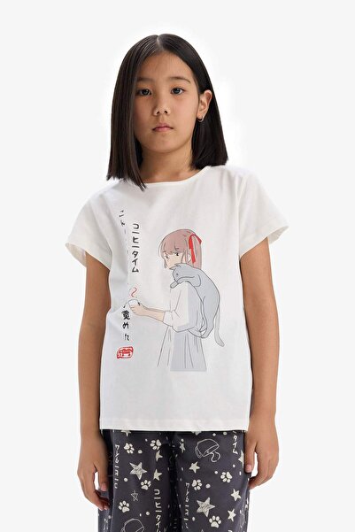 DeFacto Kız Çocuk Pijama Takımı Baskılı Kısa Kollu Üst Kapri Alt E2227A825SM