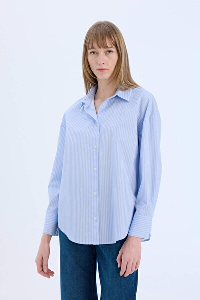 DeFacto Oversize Geniş Kalıp Çizgili Poplin Uzun Kollu Gömlek W7702AZ25SP