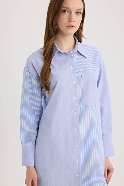 DeFacto Relax Fit Çizgili Poplin Uzun Kollu Tesettür Gömlek Tunik E4356AX25SP