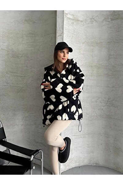 ZF BUTİK Kalp Desenli Kapüşonlu Mont