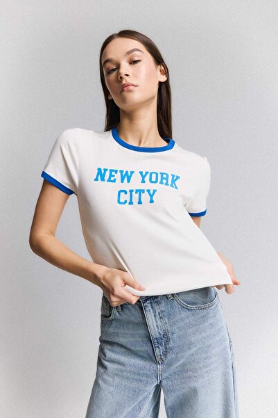 DeFacto Tricou cu mânecă scurtă cu nervuri, cu decolteu rotund, cu imprimeu E7010AX25SP