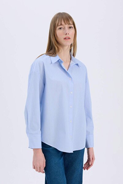 DeFacto Oversize Geniş Kalıp Çizgili Poplin Uzun Kollu Gömlek W7702AZ25SP
