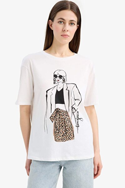 DeFacto Μπλουζάκι με κοντό μανίκι από βαμβακερό στάμπα Regular Fit Crew λαιμόκοψη E5141AX25SM