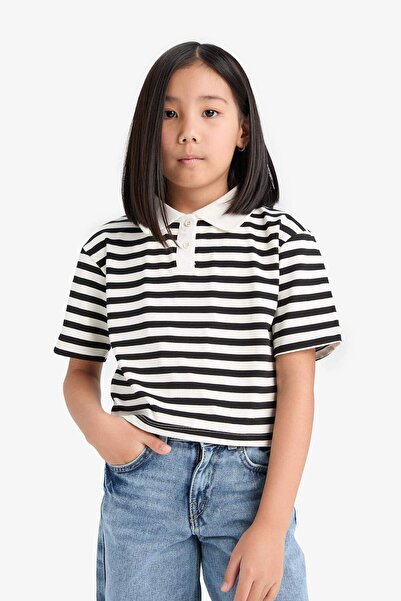 DeFacto Girls' Relax Fit Polo Neck Striped Short Sleeve T-Shirt E0064A825Sm