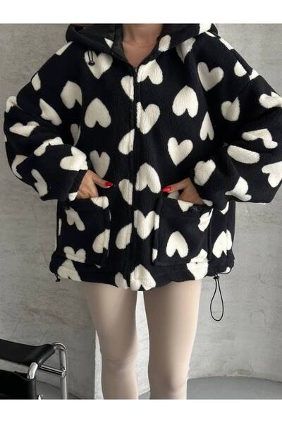 ZF BUTİK Kalp Desenli Kapüşonlu Mont