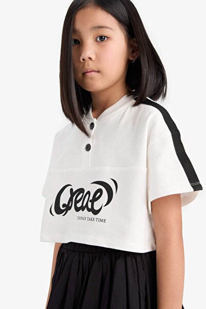 DeFacto Girls Crop Crew Neck Button Printed Short Sleeve T-Shirt E1881A825Sm