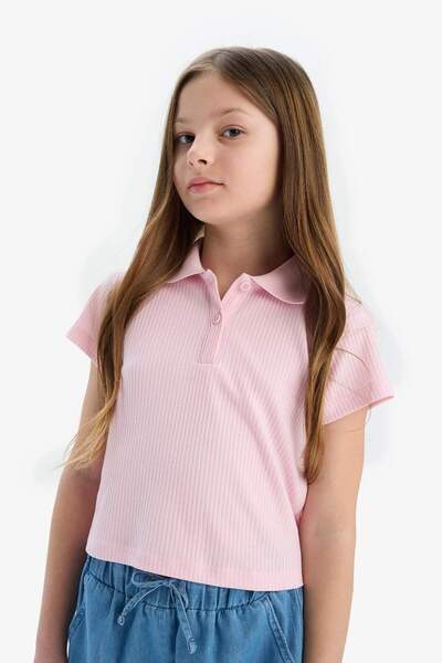 DeFacto Girls Slim Fit Slim Fit Polo Neck Basic Solid Ribbed Camisole Short Sleeve T-Shirt Z7794A625Sm