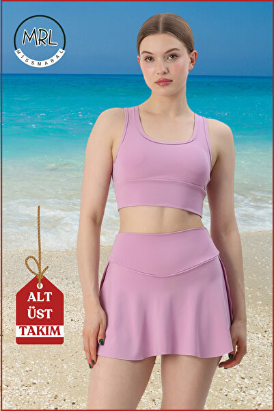 missmaral Women's Bottom-Top Set Shorts & Fixed Pad Top Crop Swimsuit in the Sea Pool Sports Lilac Color Suit3107