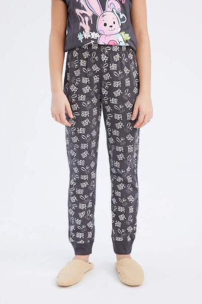 DeFacto Kız Çocuk Pijama Takımı Bisiklet Yaka Baskılı Kısa Kollu Üst Beli Lastikli Desenli Uzun Alt E2219A82