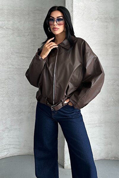 moda armanc Dámská oversize bunda bomber z umělé kůže | Nová sezóna motorkářská bunda s páskem