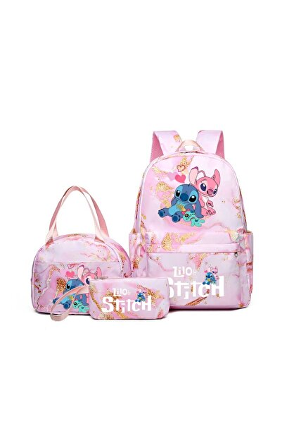 Choice Stitch-Pink-A 3Pcs Stitch Print Backpack Set, With Tote and Pouch, Large Capacity Lightweight And Br