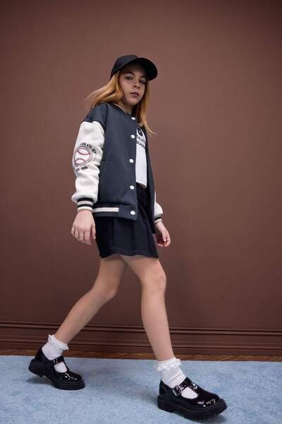 DeFacto Girls' Printed College Collar Soft down Bomber Jacket D7438A825Sp